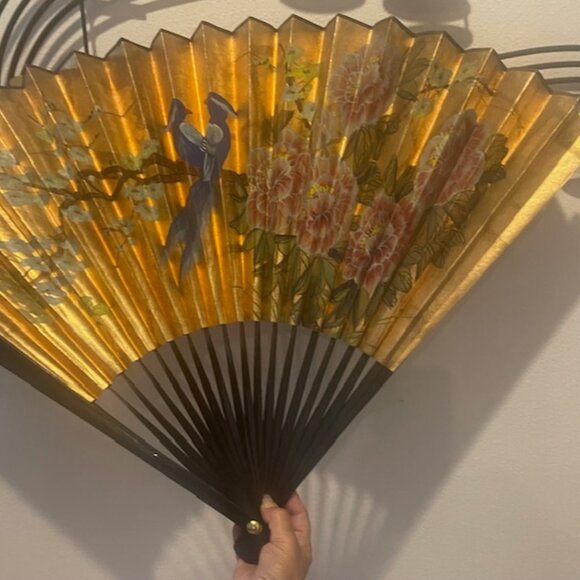 Vintage Hand Painted Oriental Folding Fan - Wall Hanging Art Decor 34”x22” - Picture 4 of 4